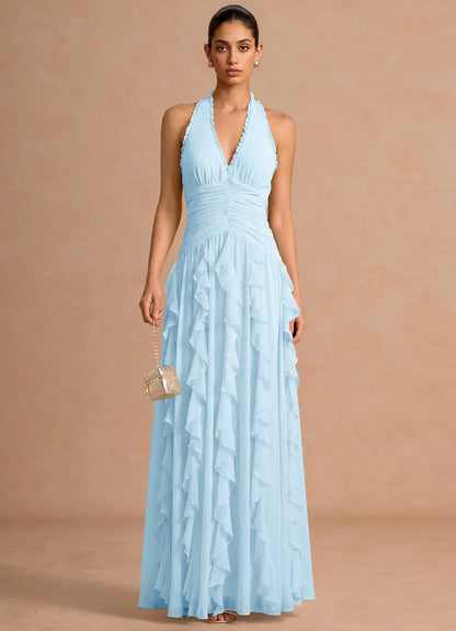 Light Blue Halter Chiffon Open Back Ruffled Floor-Length Wedding Dress - Yihuiw by Yihuiw