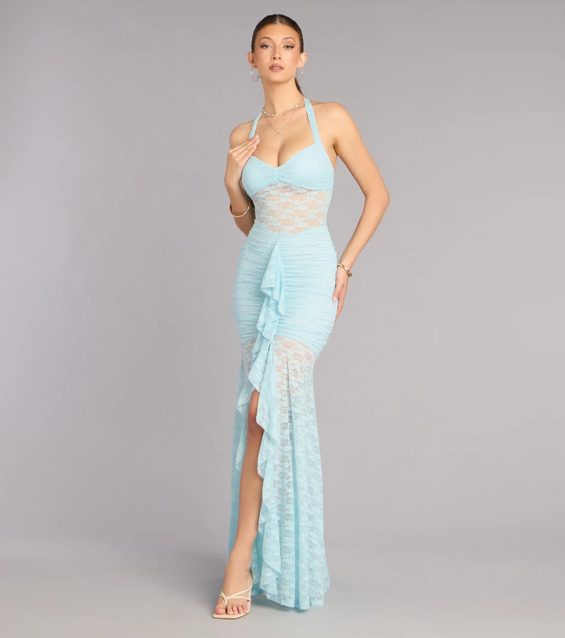 Light Blue Mermaid Halter Lace High Slit Floor-Length Wedding Dress - Yihuiw by Yihuiw