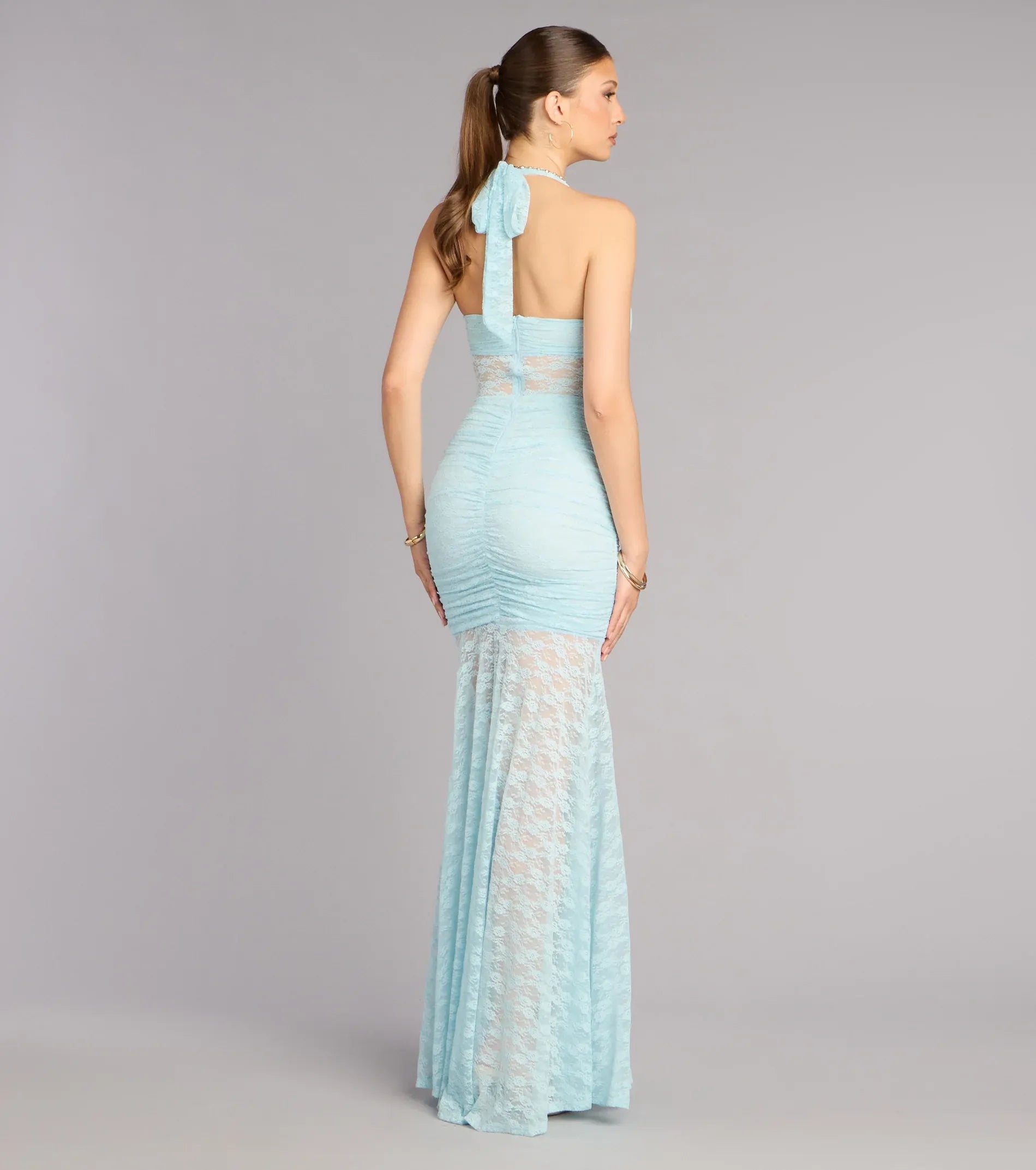 Light Blue Mermaid Halter Lace High Slit Floor-Length Wedding Dress - Yihuiw by Yihuiw