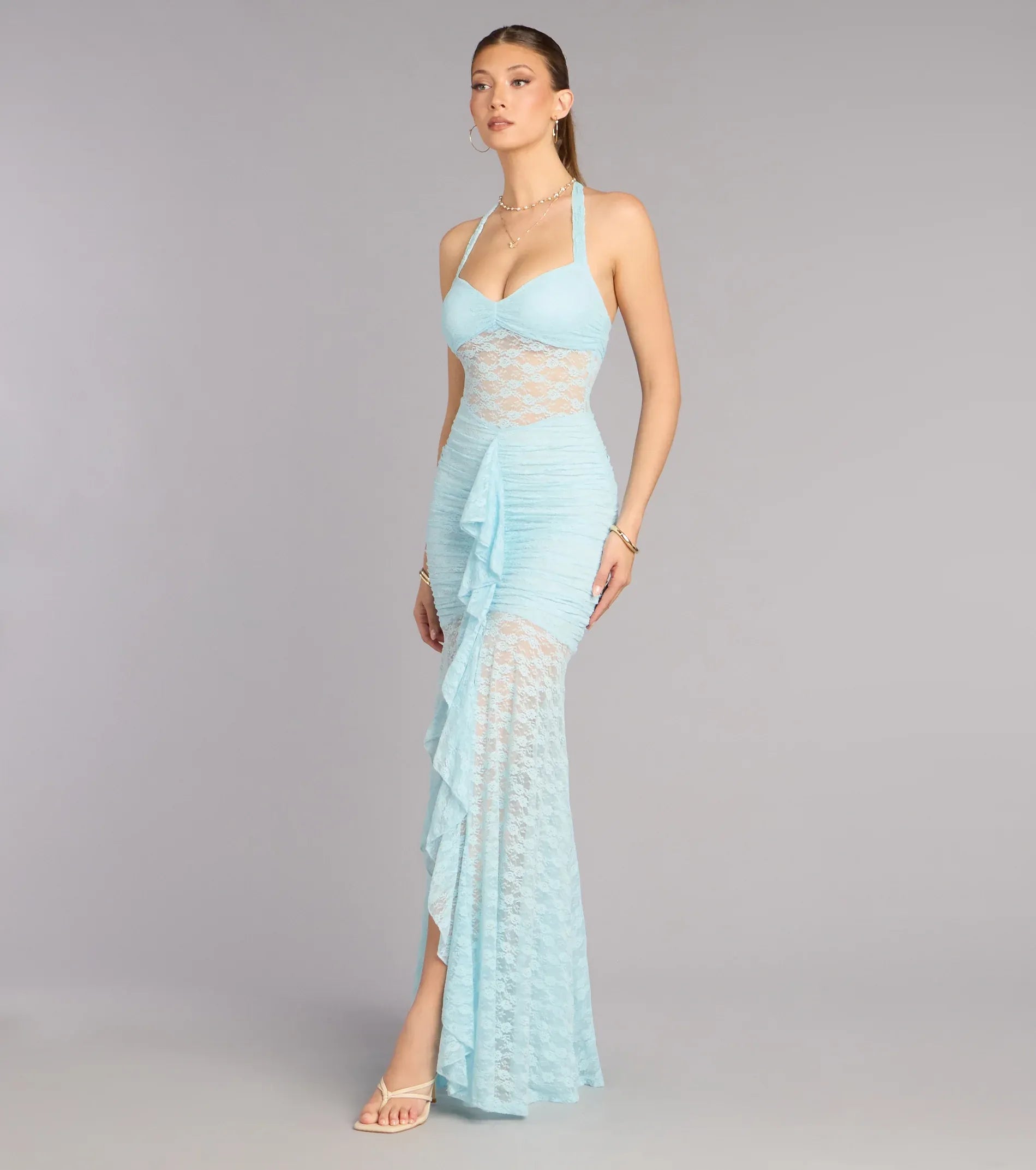 Light Blue Mermaid Halter Lace High Slit Floor-Length Wedding Dress - Yihuiw by Yihuiw