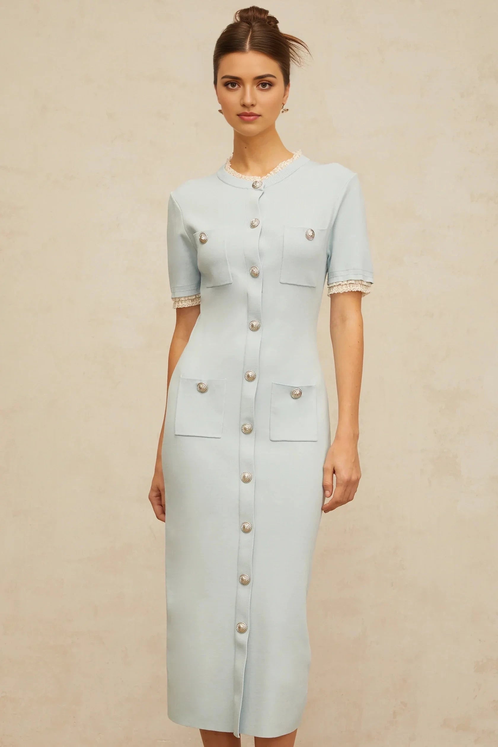 Light Blue Lace - Trimmed Button - Front Midi Dress light-blue pencil-silhouette knit midi dress Evening Dress by YiHuiw