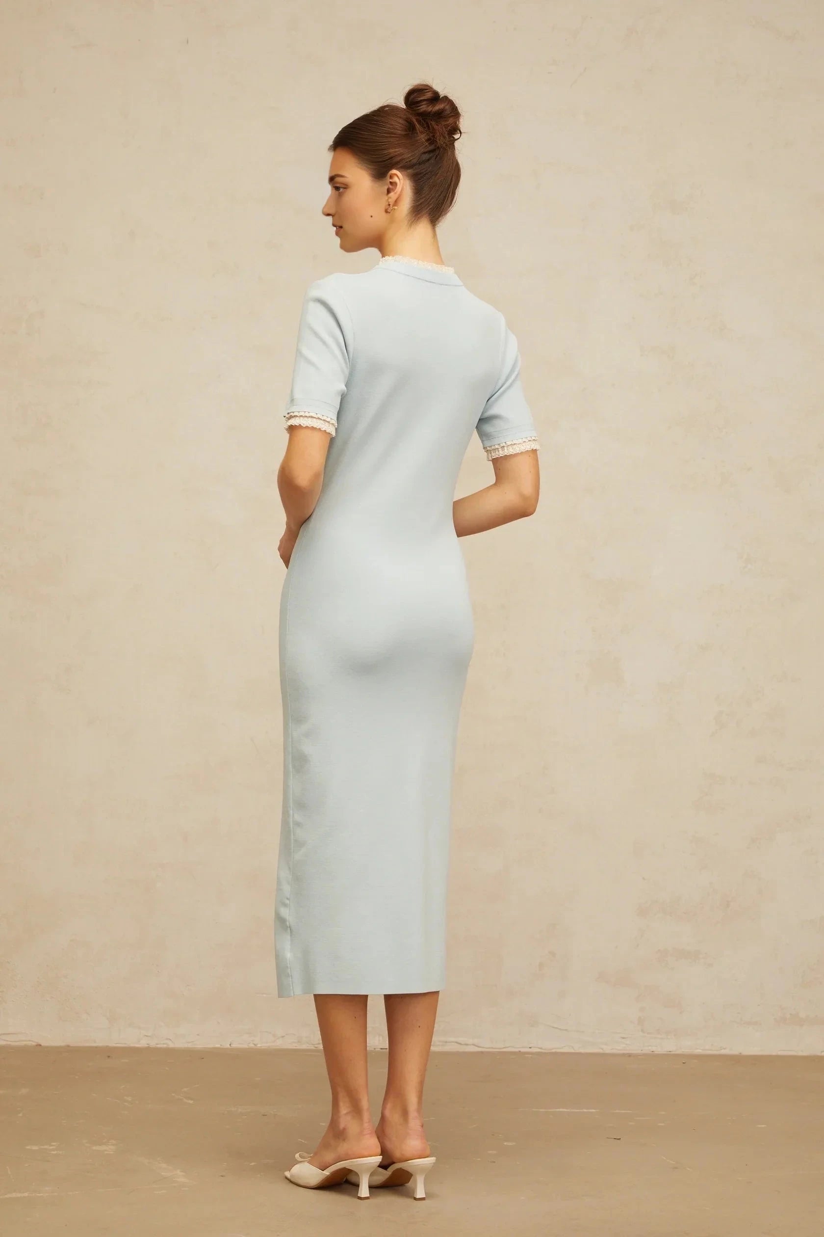 Light Blue Lace - Trimmed Button - Front Midi Dress light-blue pencil-silhouette knit midi dress Evening Dress by YiHuiw