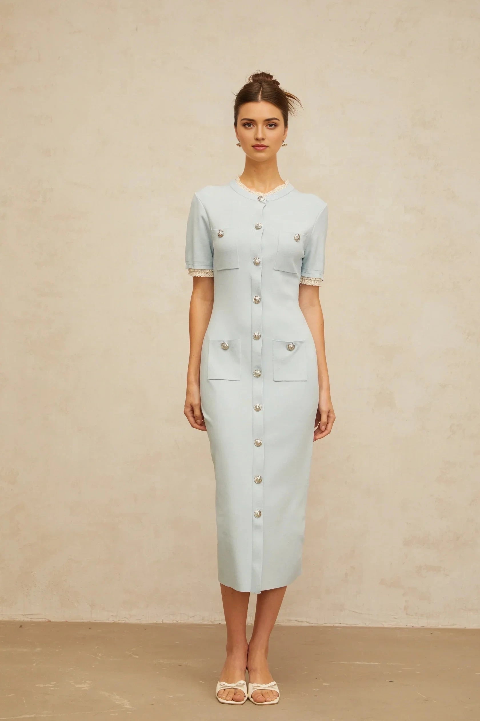 Light Blue Lace - Trimmed Button - Front Midi Dress light-blue pencil-silhouette knit midi dress Evening Dress by YiHuiw