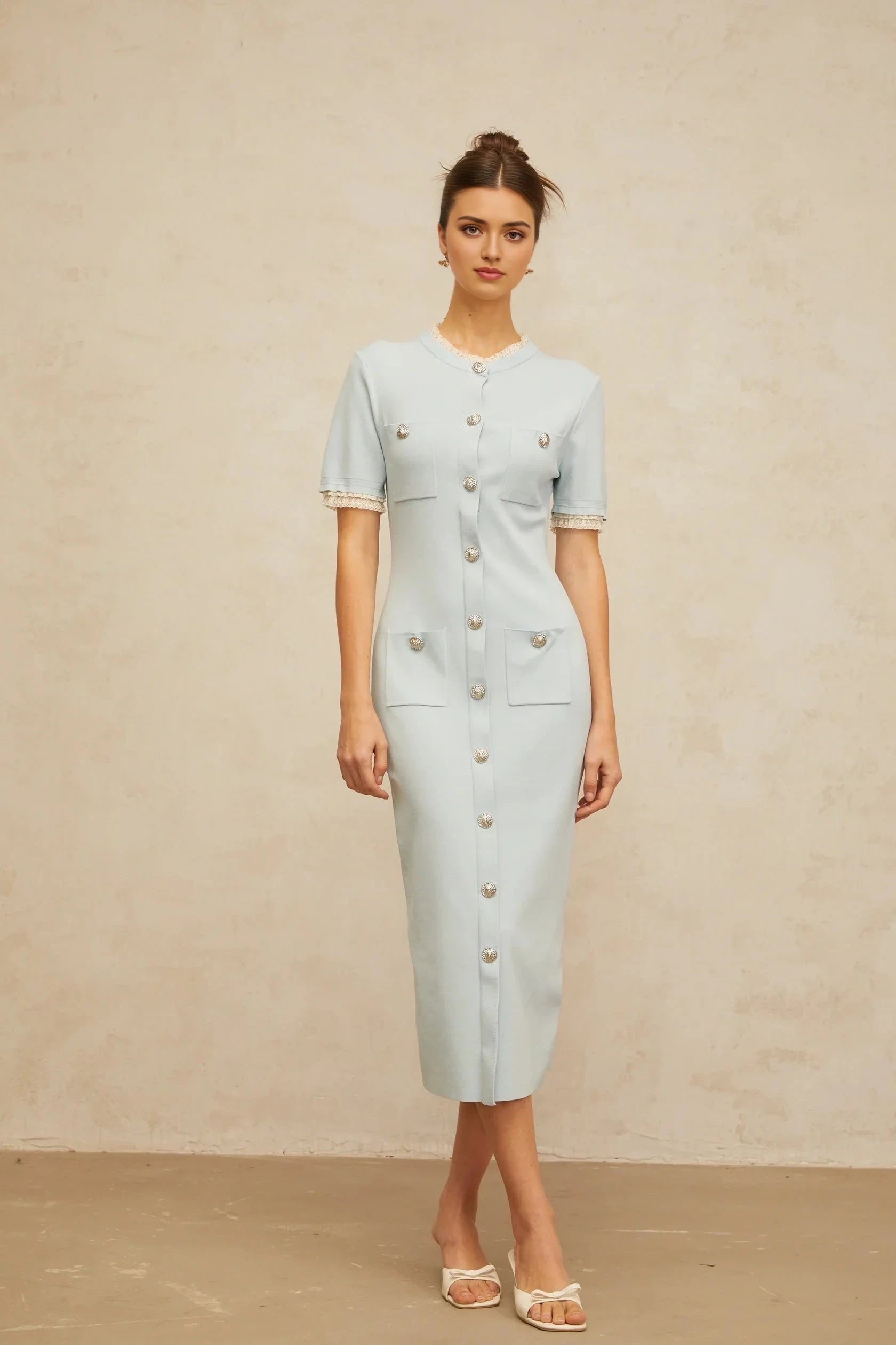 Light Blue Lace - Trimmed Button - Front Midi Dress light-blue pencil-silhouette knit midi dress Evening Dress by YiHuiw