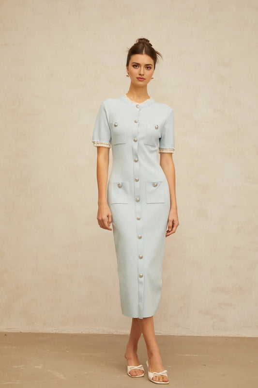 Light Blue Lace - Trimmed Button - Front Midi Dress light-blue pencil-silhouette knit midi dress Evening Dress by YiHuiw