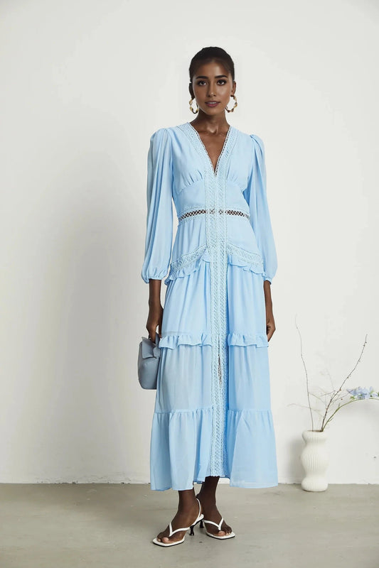 Light Blue Lace - Trimmed Tiered Maxi Dress Juno cut-out ruffled maxi dress in Blue Evening Dress by YiHuiw