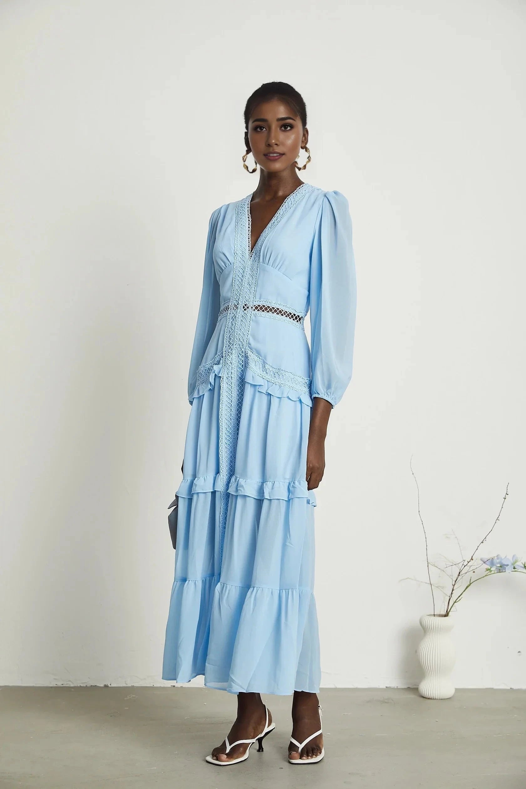 Light Blue Lace - Trimmed Tiered Maxi Dress Juno cut-out ruffled maxi dress in Blue Evening Dress by YiHuiw