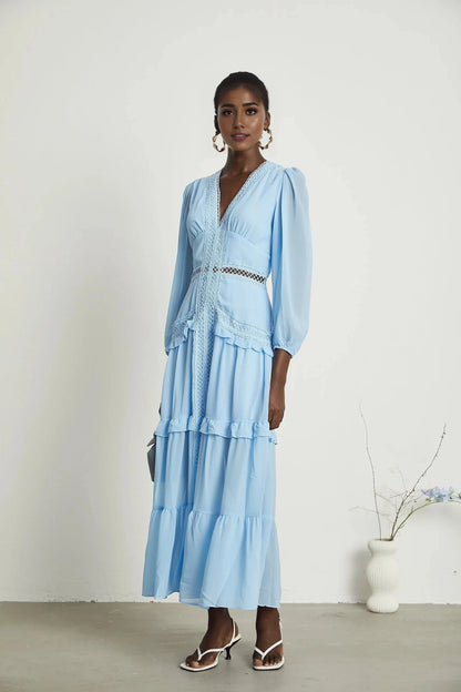 Light Blue Lace - Trimmed Tiered Maxi Dress Juno cut-out ruffled maxi dress in Blue Evening Dress by YiHuiw
