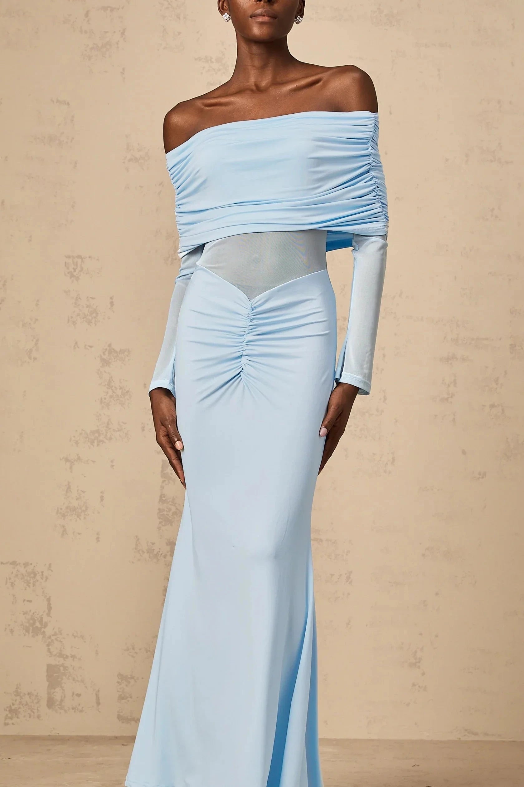 Light Blue Off - Shoulder Maxi Dress with Mesh Detail Ninon blue off-shoulder ruched maxi dress Evening Dress by YiHuiw