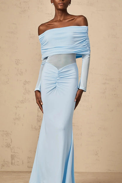 Light Blue Off - Shoulder Maxi Dress with Mesh Detail Ninon blue off-shoulder ruched maxi dress Evening Dress by YiHuiw