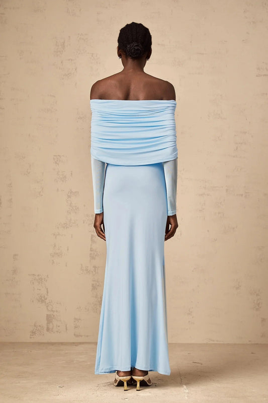 Light Blue Off - Shoulder Maxi Dress with Mesh Detail Ninon blue off-shoulder ruched maxi dress Evening Dress by YiHuiw