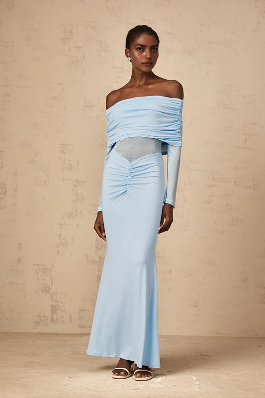 Light Blue Off - Shoulder Maxi Dress with Mesh Detail Ninon blue off-shoulder ruched maxi dress Evening Dress by YiHuiw