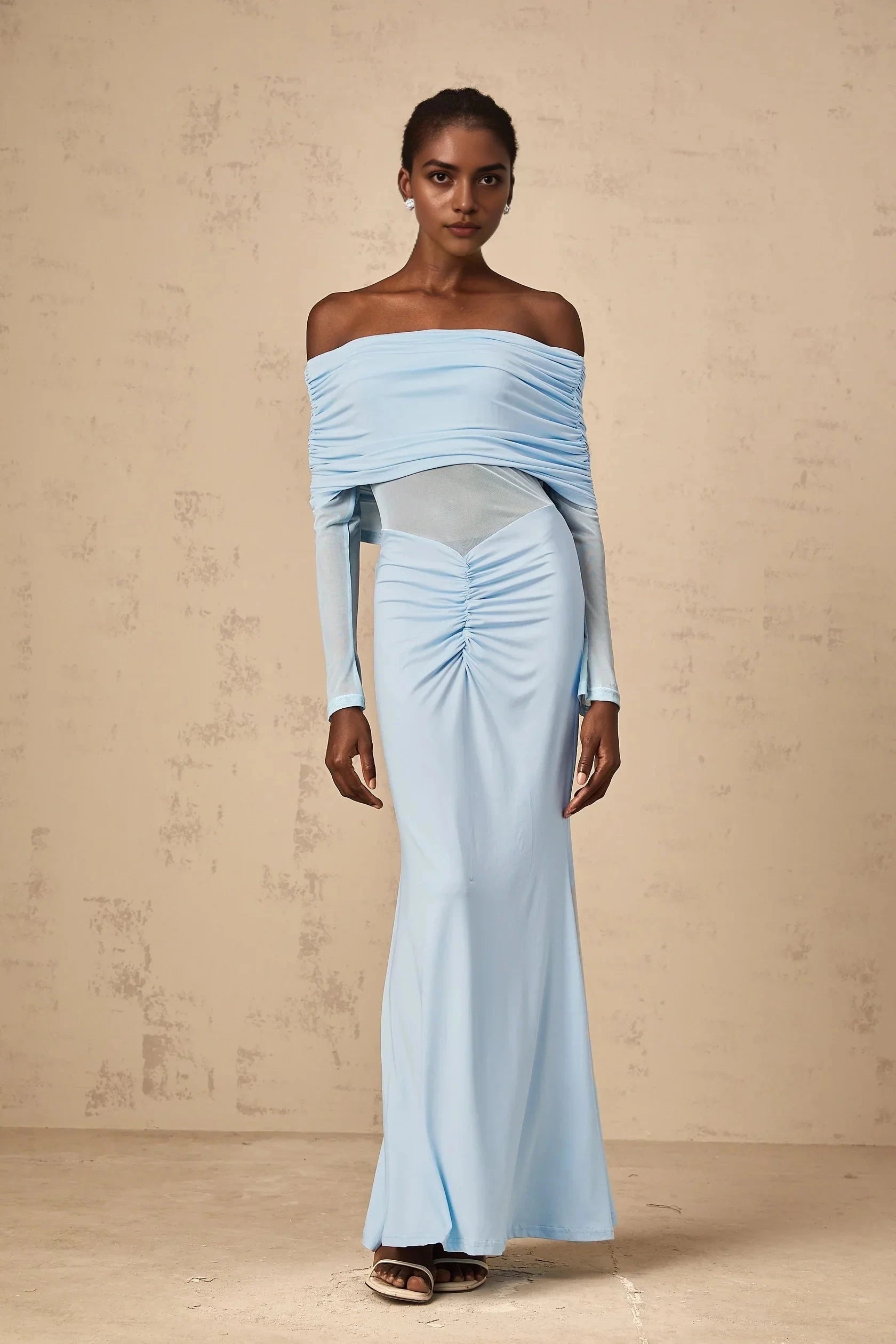 Light Blue Off - Shoulder Maxi Dress with Mesh Detail Ninon blue off-shoulder ruched maxi dress Evening Dress by YiHuiw