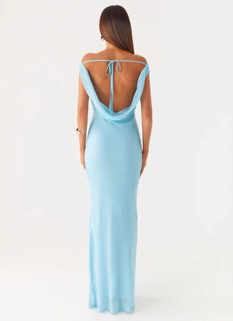 Light Blue Off - Shoulder Maxi Dress with Open Back - Ruched shoulder seams Bridesmaid Dresses by YiHuiw
