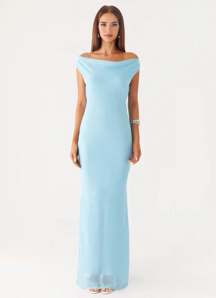 Light Blue Off - Shoulder Maxi Dress with Open Back - Ruched shoulder seams Bridesmaid Dresses by YiHuiw