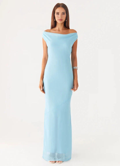 Light Blue Off - Shoulder Maxi Dress with Open Back - Ruched shoulder seams Bridesmaid Dresses by YiHuiw