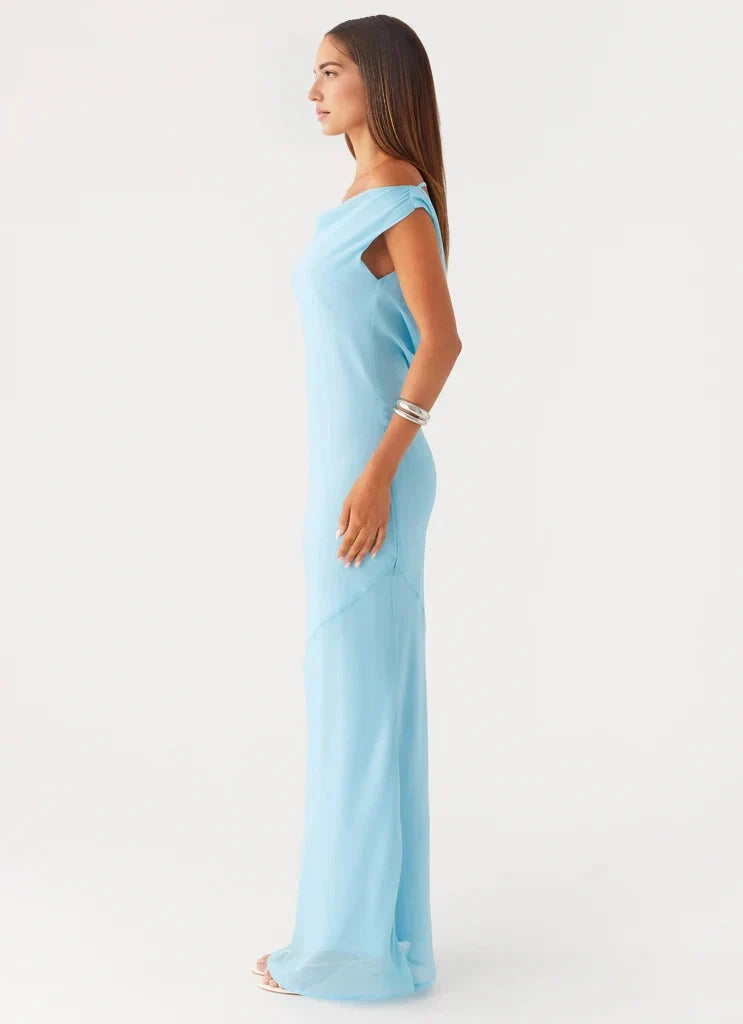 Light Blue Off - Shoulder Maxi Dress with Open Back - Ruched shoulder seams Bridesmaid Dresses by YiHuiw
