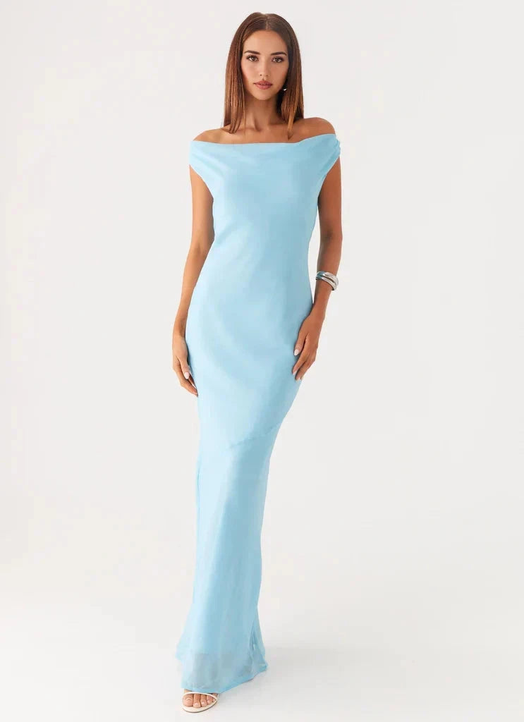Light Blue Off - Shoulder Maxi Dress with Open Back - Ruched shoulder seams Bridesmaid Dresses by YiHuiw
