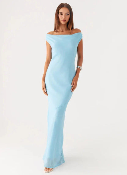 Light Blue Off - Shoulder Maxi Dress with Open Back - Ruched shoulder seams Bridesmaid Dresses by YiHuiw