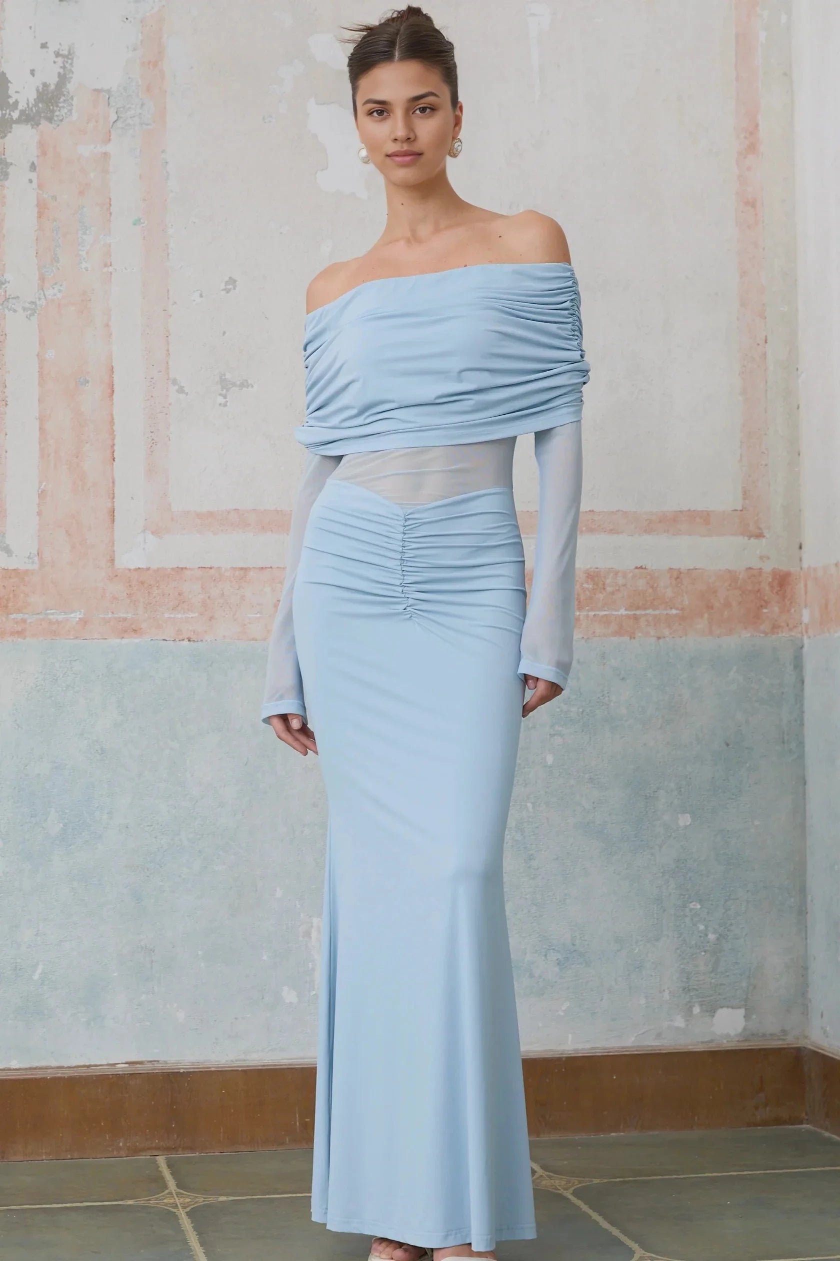 Light Blue Off - Shoulder Ruched Maxi Dress with Sheer Sleeves blue off-shoulder ruched maxi dress Evening Dress by YiHuiw