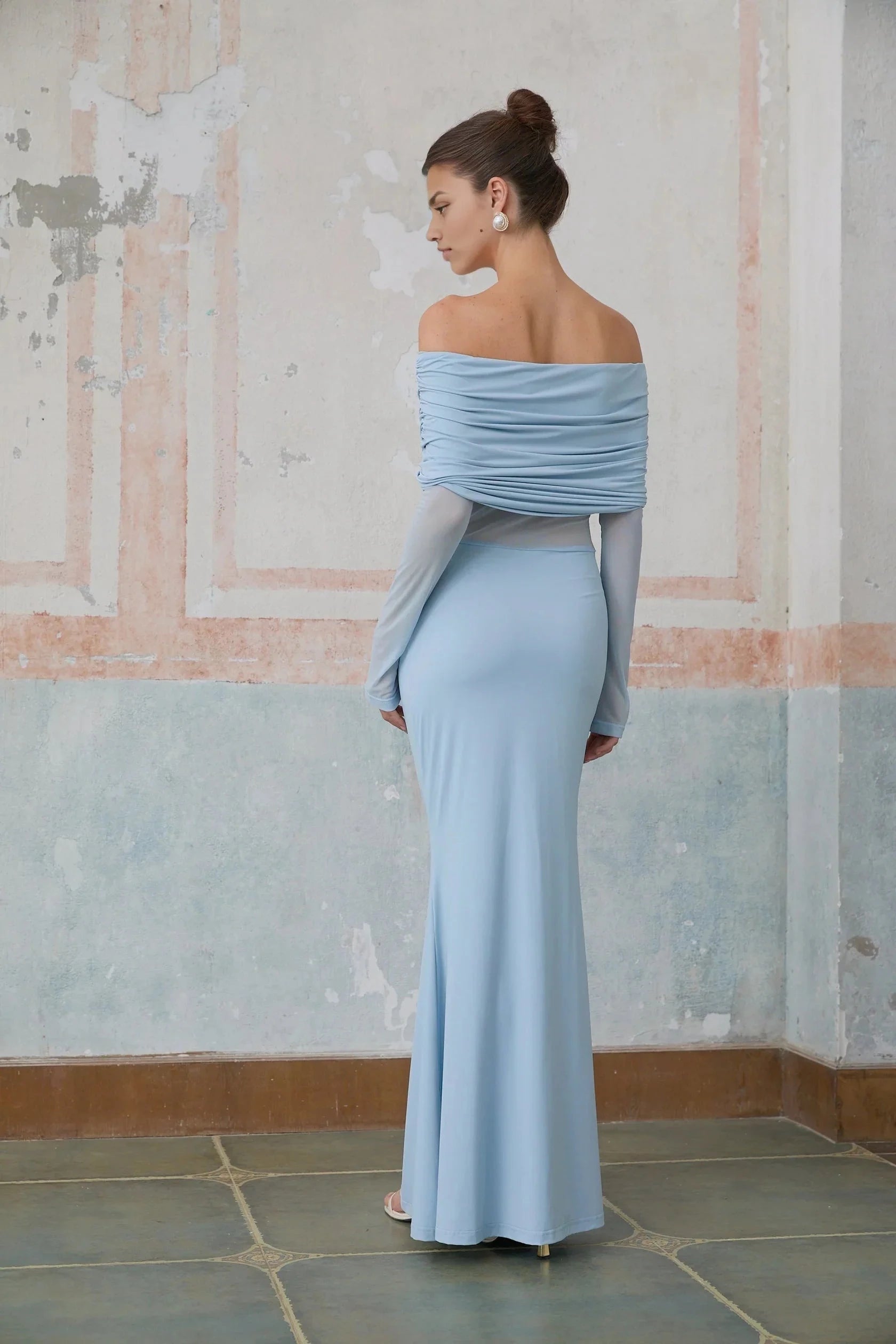 Light Blue Off - Shoulder Ruched Maxi Dress with Sheer Sleeves blue off-shoulder ruched maxi dress Evening Dress by YiHuiw