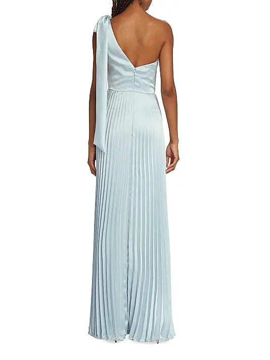 Light Blue One - Shoulder Pleated Gown Satin One-Shoulder Pleated Gown Evening Dress by YiHuiw