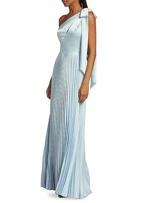 Light Blue One - Shoulder Pleated Gown Satin One-Shoulder Pleated Gown Evening Dress by YiHuiw