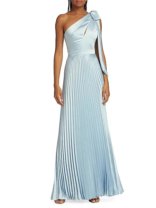 Light Blue One - Shoulder Pleated Gown Satin One-Shoulder Pleated Gown Evening Dress by YiHuiw