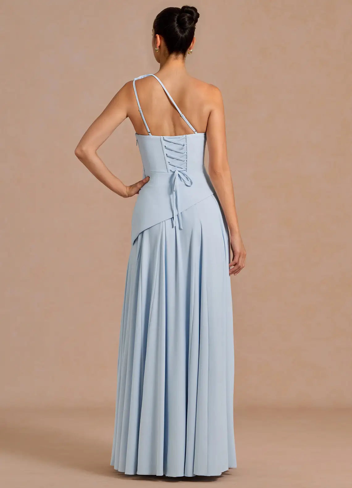 Light Blue A-Line One-Shoulder Lace Asymmetric Floor-Length Wedding Dress - Yihuiw by Yihuiw