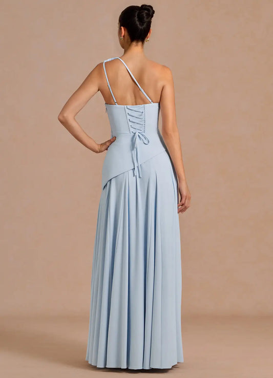 Light Blue A-Line One-Shoulder Lace Lace-Up Back Ruched Floor-Length Wedding Dress - Yihuiw by Yihuiw