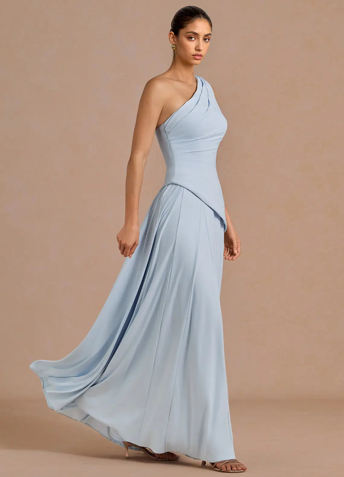 Light Blue A-Line One-Shoulder Lace Lace-Up Back Ruched Floor-Length Wedding Dress - Yihuiw by Yihuiw
