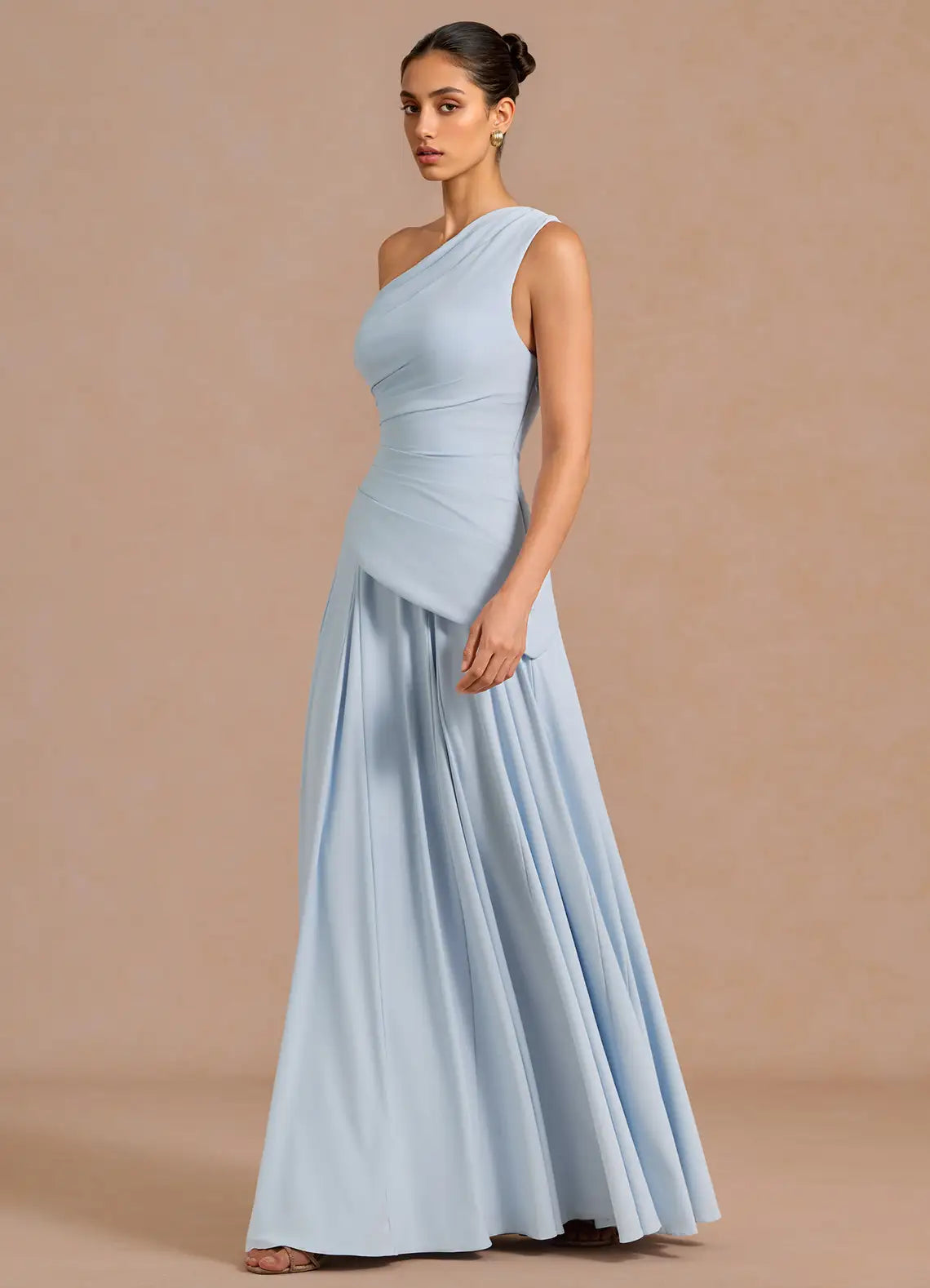 Light Blue A-Line One-Shoulder Lace Lace-Up Back Ruched Floor-Length Wedding Dress - Yihuiw by Yihuiw