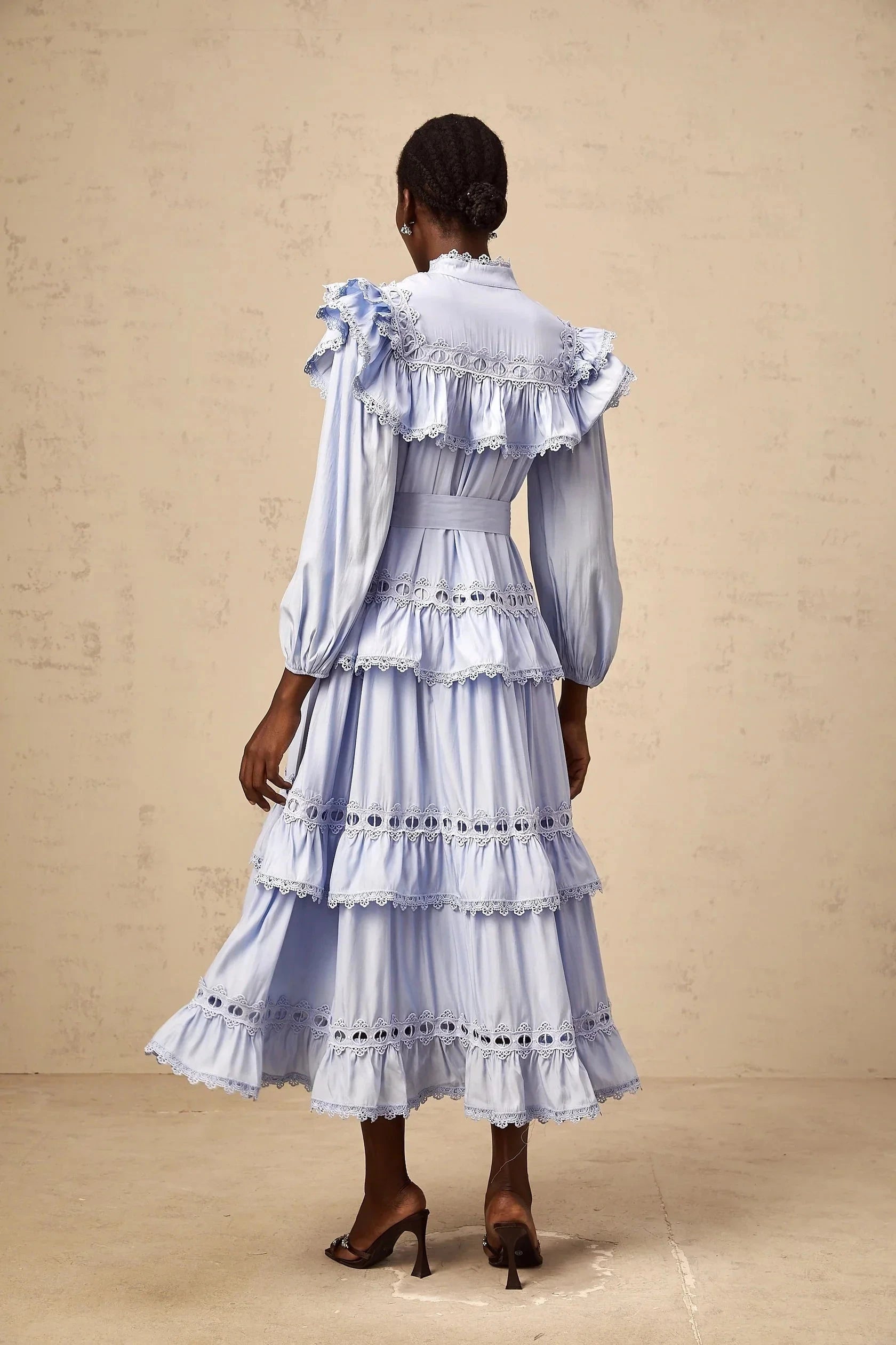 Light Blue Ruffled Lace Midi Dress with Belt blue lace-trim tiered midi dress Evening Dress by YiHuiw