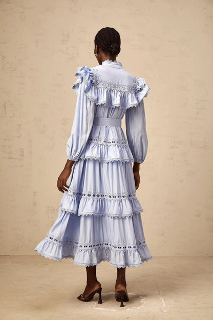 Light Blue Ruffled Lace Midi Dress with Belt blue lace-trim tiered midi dress Evening Dress by YiHuiw