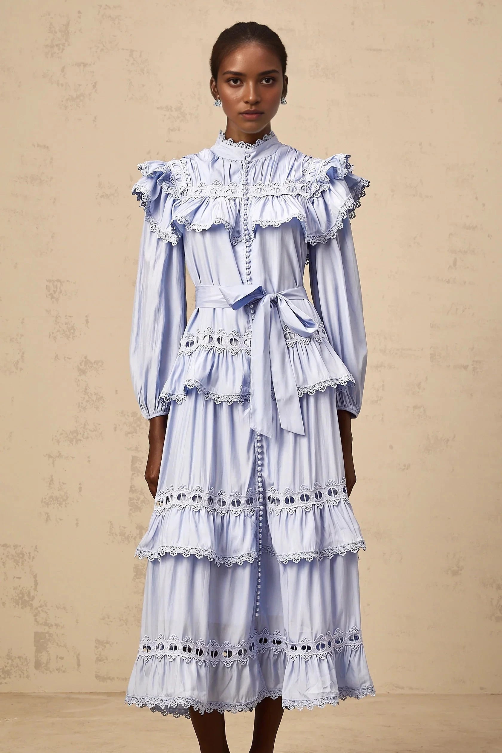 Light Blue Ruffled Lace Midi Dress with Belt blue lace-trim tiered midi dress Evening Dress by YiHuiw