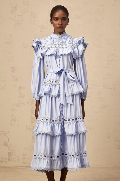 Light Blue Ruffled Lace Midi Dress with Belt blue lace-trim tiered midi dress Evening Dress by YiHuiw