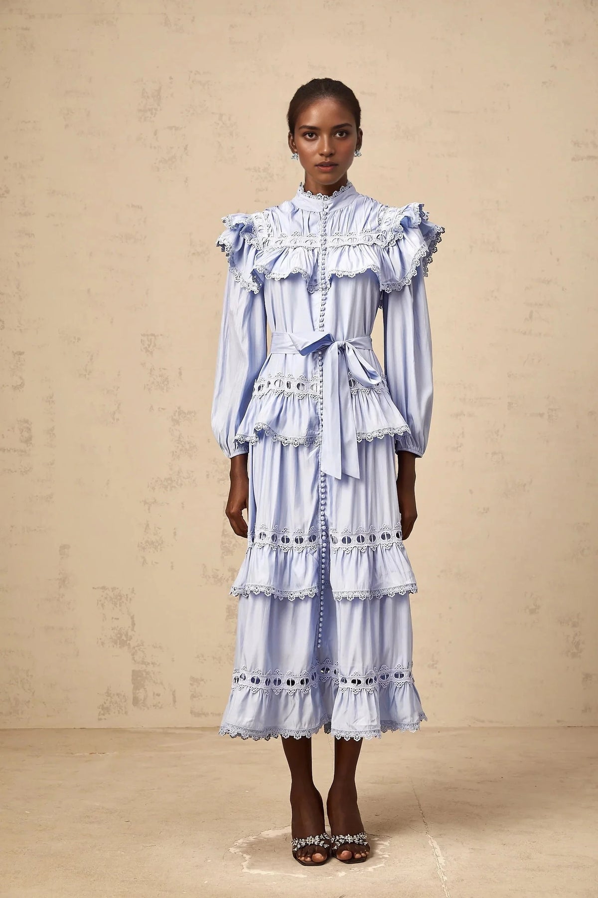 Light Blue Ruffled Lace Midi Dress with Belt blue lace-trim tiered midi dress Evening Dress by YiHuiw