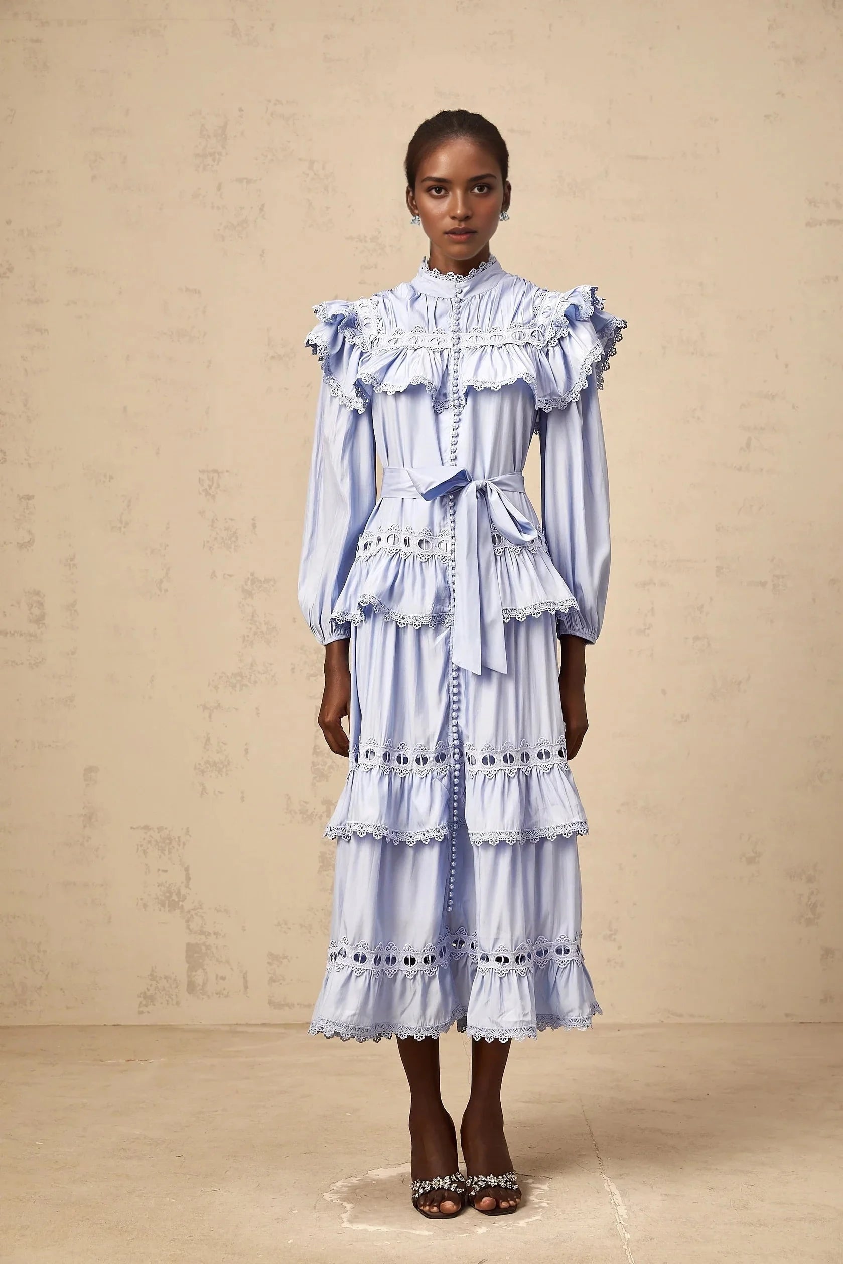 Light Blue Ruffled Lace Midi Dress with Belt blue lace-trim tiered midi dress Evening Dress by YiHuiw