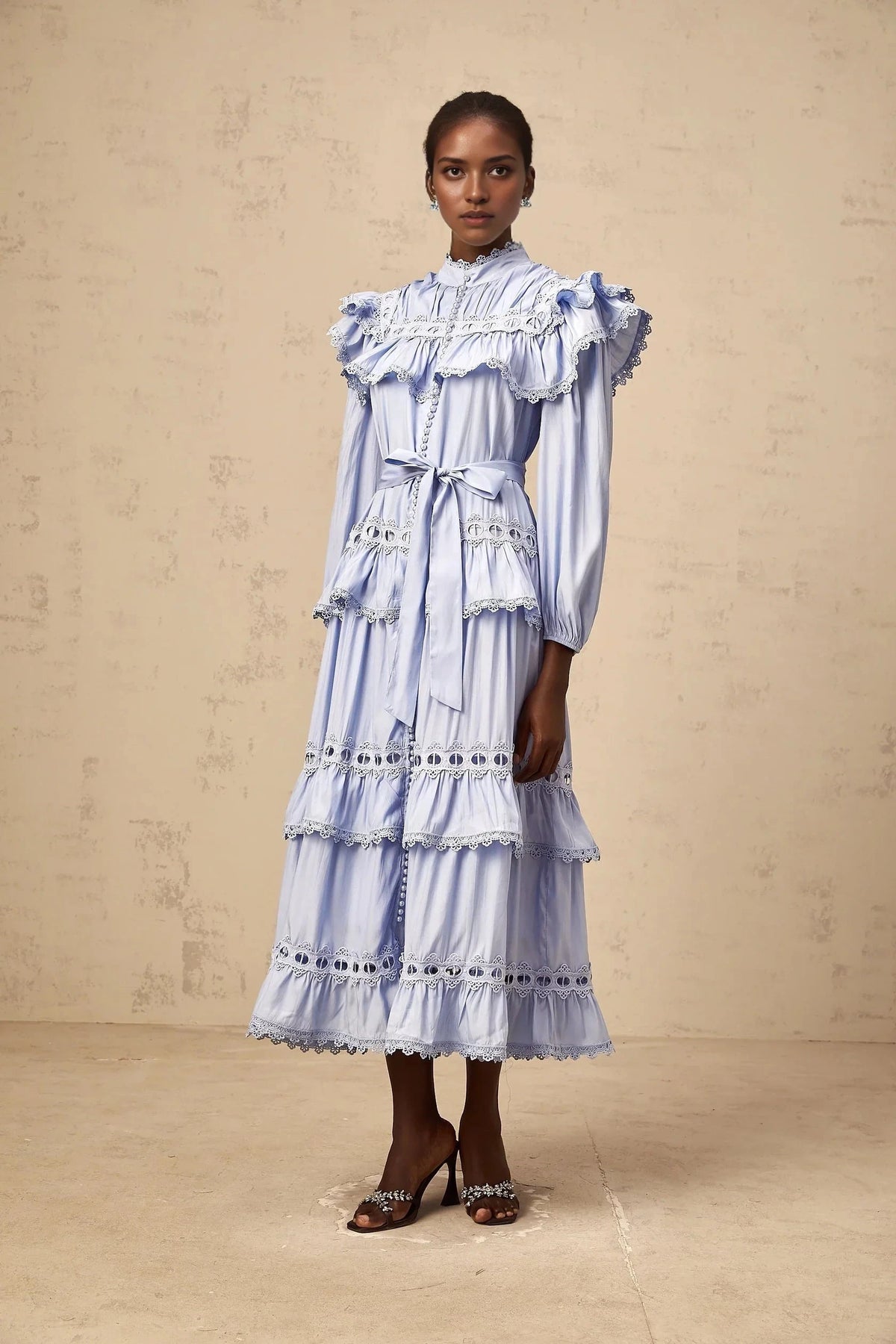 Light Blue Ruffled Lace Midi Dress with Belt blue lace-trim tiered midi dress Evening Dress by YiHuiw