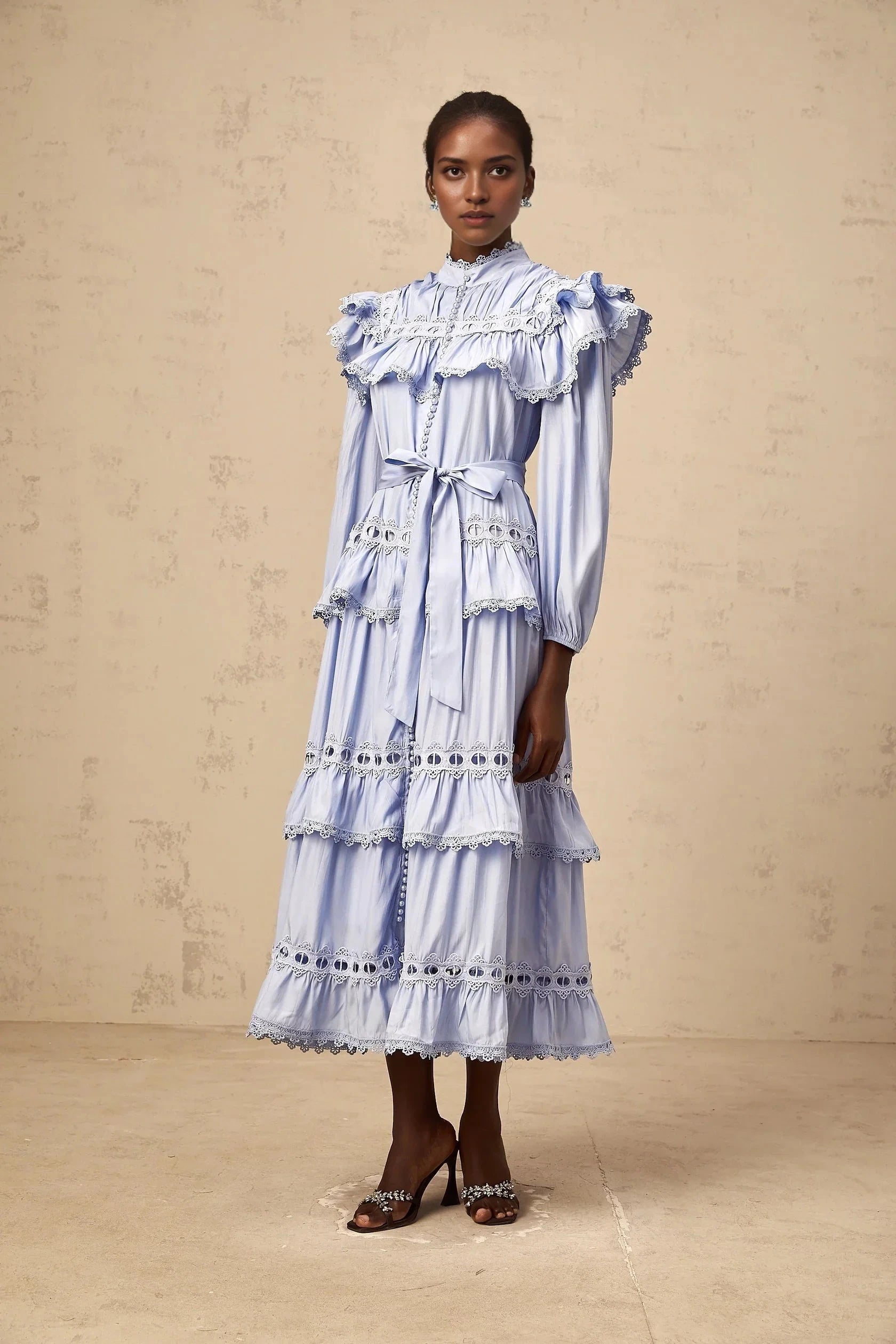 Light Blue Ruffled Lace Midi Dress with Belt blue lace-trim tiered midi dress Evening Dress by YiHuiw