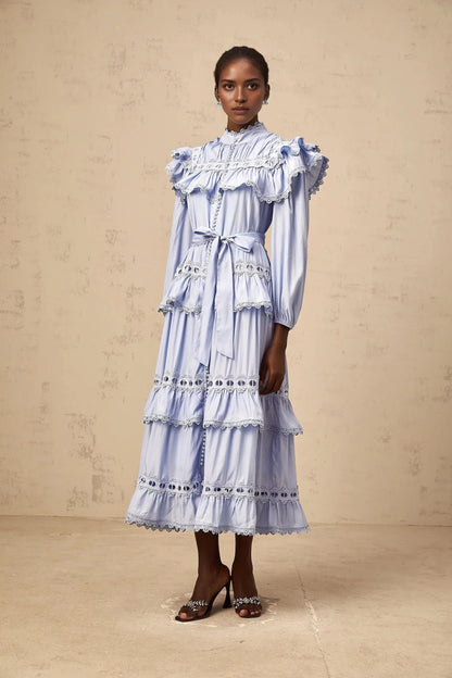Light Blue Ruffled Lace Midi Dress with Belt blue lace-trim tiered midi dress Evening Dress by YiHuiw