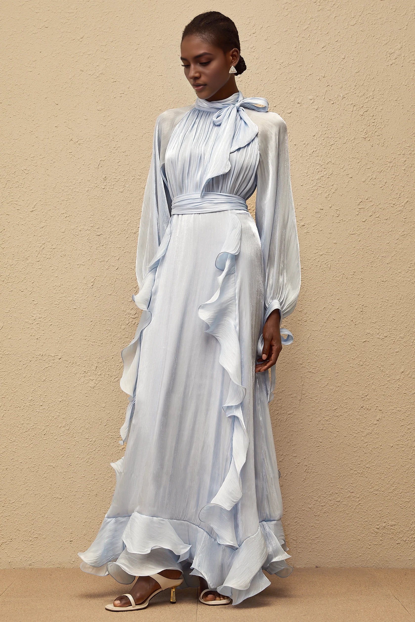 Light Blue Ruffled Maxi Dress with Tie Neck and Waist Detail Blue Glossy Pleated Maxi Dress Evening Dress by YiHuiw