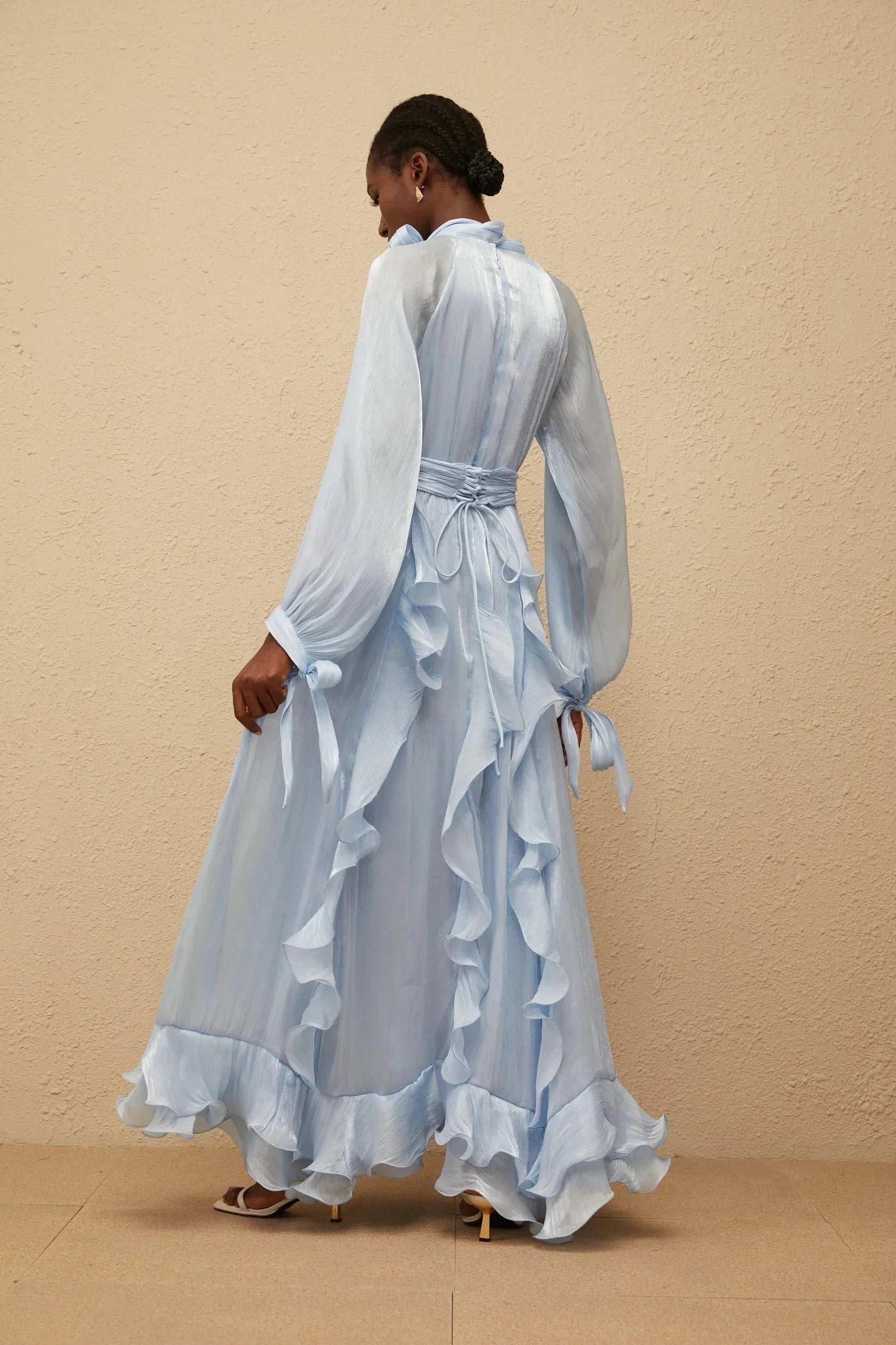 Light Blue Ruffled Maxi Dress with Tie Neck and Waist Detail Blue Glossy Pleated Maxi Dress Evening Dress by YiHuiw