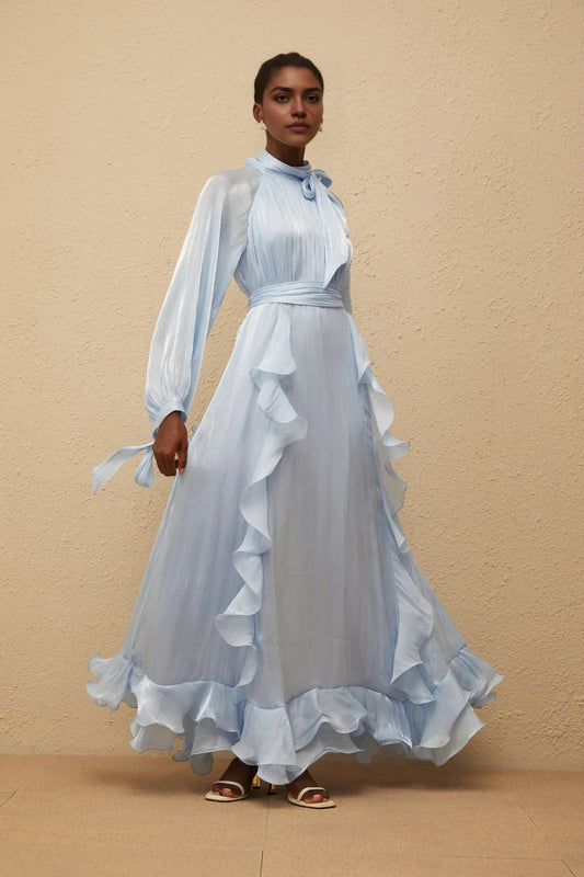 Light Blue Ruffled Maxi Dress with Tie Neck and Waist Detail Blue Glossy Pleated Maxi Dress Evening Dress by YiHuiw