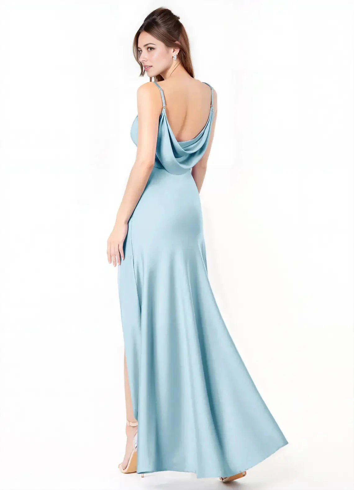 Light Blue Satin Cowl Neck Maxi Dress with Side Slit Sky Blue Mermaid Side Slit Stretch Satin Dress Bridesmaid Dresses by YiHuiw