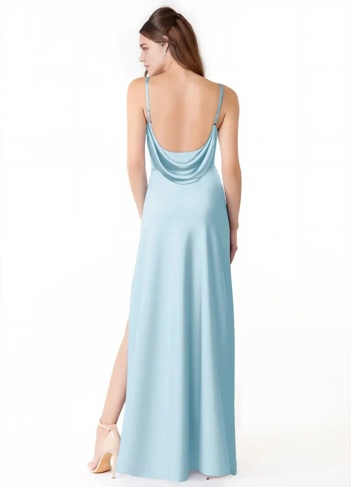 Light Blue Satin Cowl Neck Maxi Dress with Side Slit Sky Blue Mermaid Side Slit Stretch Satin Dress Bridesmaid Dresses by YiHuiw