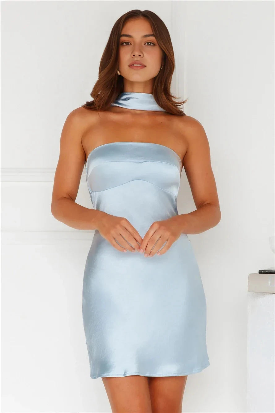 Light Blue Satin Strapless Mini Dress with Cowl Back and Neck Tie Silk Smooth Satin Profile Short Prom Dress by YiHuiw