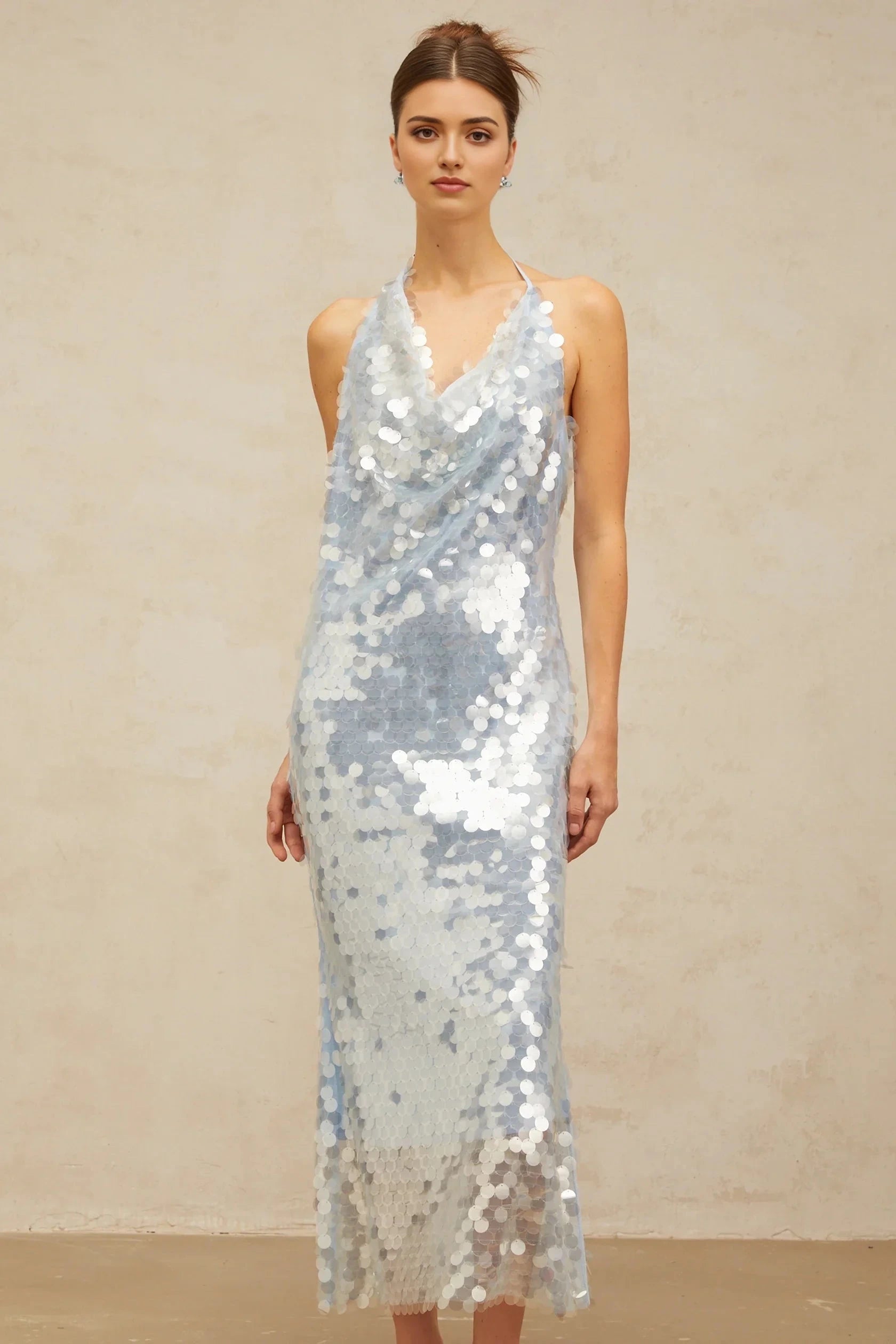 Light Blue Sequin Halter Neck Open - Back Midi Dress Babette blue halterneck sequined midi dress Evening Dress by YiHuiw