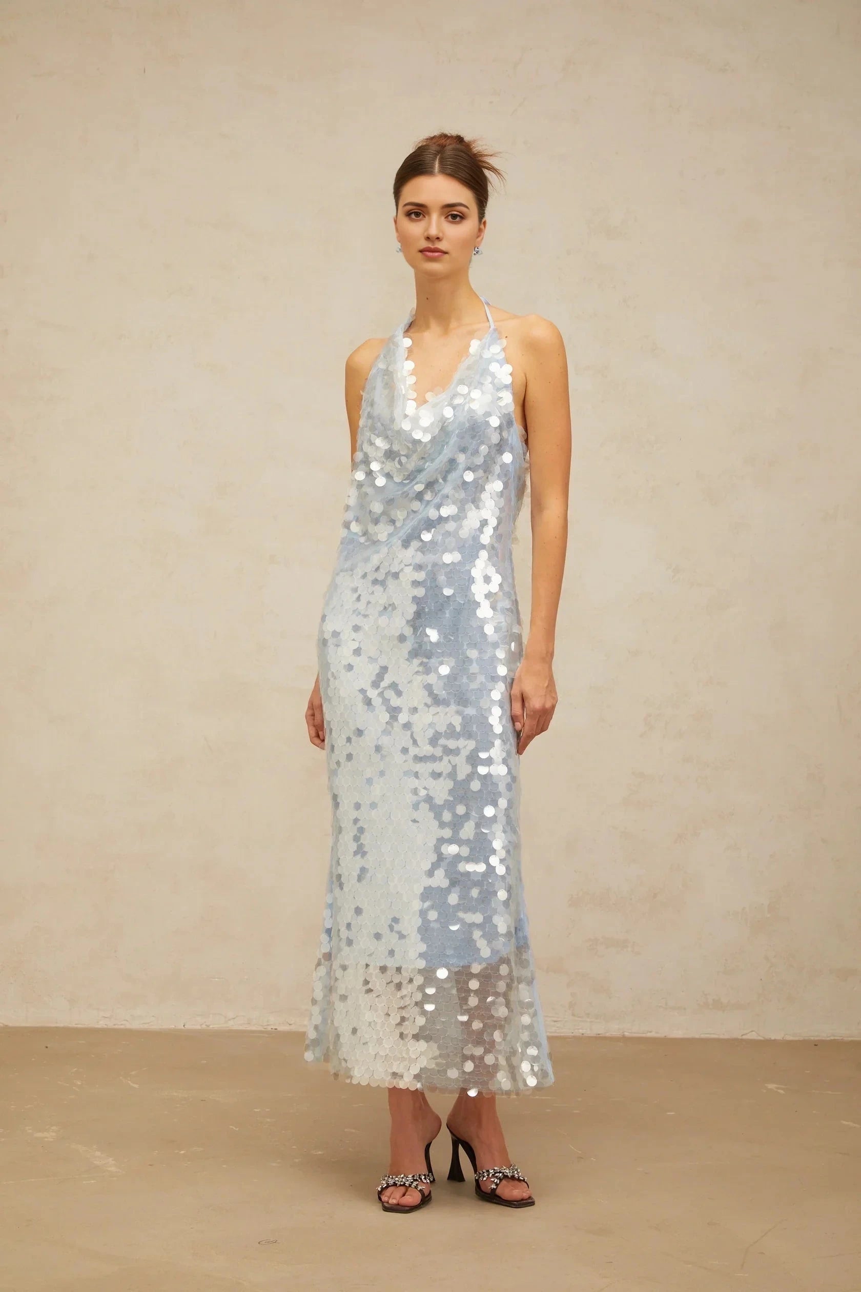 Light Blue Sequin Halter Neck Open - Back Midi Dress Babette blue halterneck sequined midi dress Evening Dress by YiHuiw