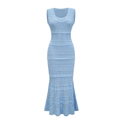 Light Blue Sleeveless Crochet Maxi Dress Mailys blue ruffled-trim crochet-knit midi dress Evening Dress by YiHuiw